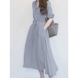 Solid Drawstring Waist Pocket Button Stand Collar Dress