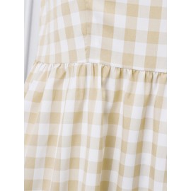 Women Gingham Ruffle Square Collar Tiered Sleeveless Dress