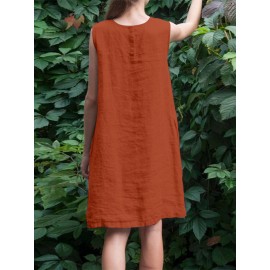 Women Solid Crew Neck Casual Sleeveless Dress With Pocket