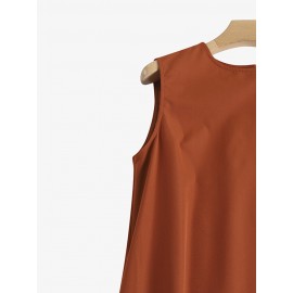Women Solid Crew Neck Casual Sleeveless Dress With Pocket