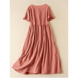 Women Solid Notched Neck Frog Button Drawstring Waist Dress