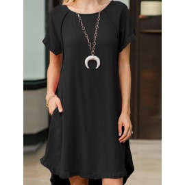 Women Solid Crew Neck Ruffle Trim Casual Short Sleeve Dress