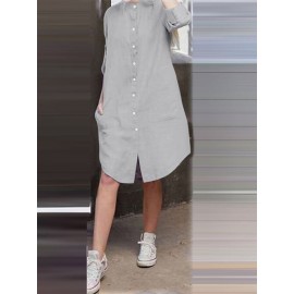 Women Solid Stand Collar Shirt Dress With Sleeve Tabs