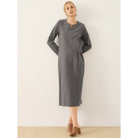 Solid Frog Button Notch Neck Long Sleeve Casual Dress