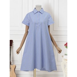 Women Gingham Plaid Lapel Half Button Short Sleeve Shirt Dress