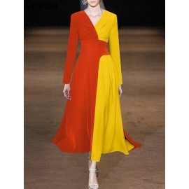 Contrast Long Sleeve A-line V-neck Dress For Women