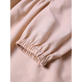 Solid Shirred Tie Front Long Sleeve Square Collar Dress