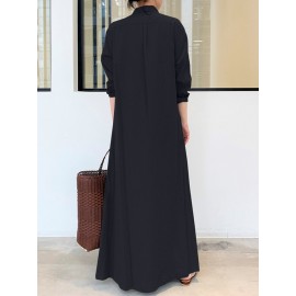 Solid Color Pocket Button Long SLeeve Casual Dress for Women