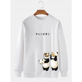Mens Japanese Cartoon Panda Cat Print Crew Neck Pullover Sweatshirts