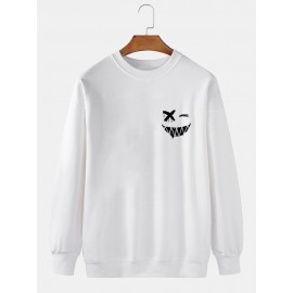 Mens Smile Face Chest Print Crew Neck Pullover Sweatshirts