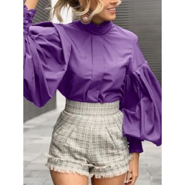 Solid Color Long Lantern Sleeve Ruffle Shirt For Women