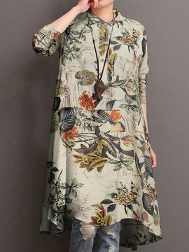 Casual Floral Print Stand Collar Long Sleeve Cotton Blouse