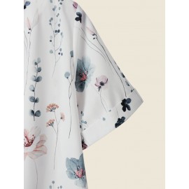 Women Vintage Floral Plant Print Crew Neck Short Sleeve Blouse