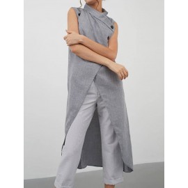 Solid Color Cross Wrap High Low Sleeveless Blouse For Women