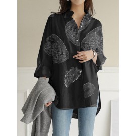 Geometry Print Long Sleeves Casual Loose Blouse With Pockets