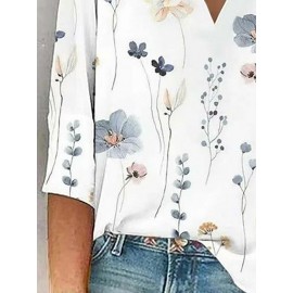 Women Allover Floral Plant Print V-Neck 3/4 Sleeve Blouse