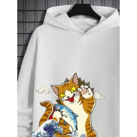 Mens Japanese Wave Cat & Fish Print Long Sleeve Hoodies Winter