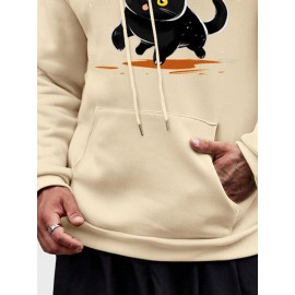 Mens Cartoon Cat Print Kangaroo Pocket Loose Drawstring Hoodies Winter
