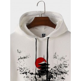 Mens Japanese Landscape Print Contrast Patchwork Drawstring Hoodies Winter
